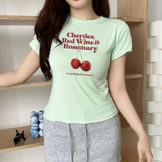 G01-10 เสื้อยืดสีดำ แขนสั้นพิมพ์ลายเชอรี่ สุดน่ารัก แนวเกาหลี หลายไซส์ ผ้านิ่มสวมใส่สบาย ใส่ได้ทุกโอกาส ราคาถูก