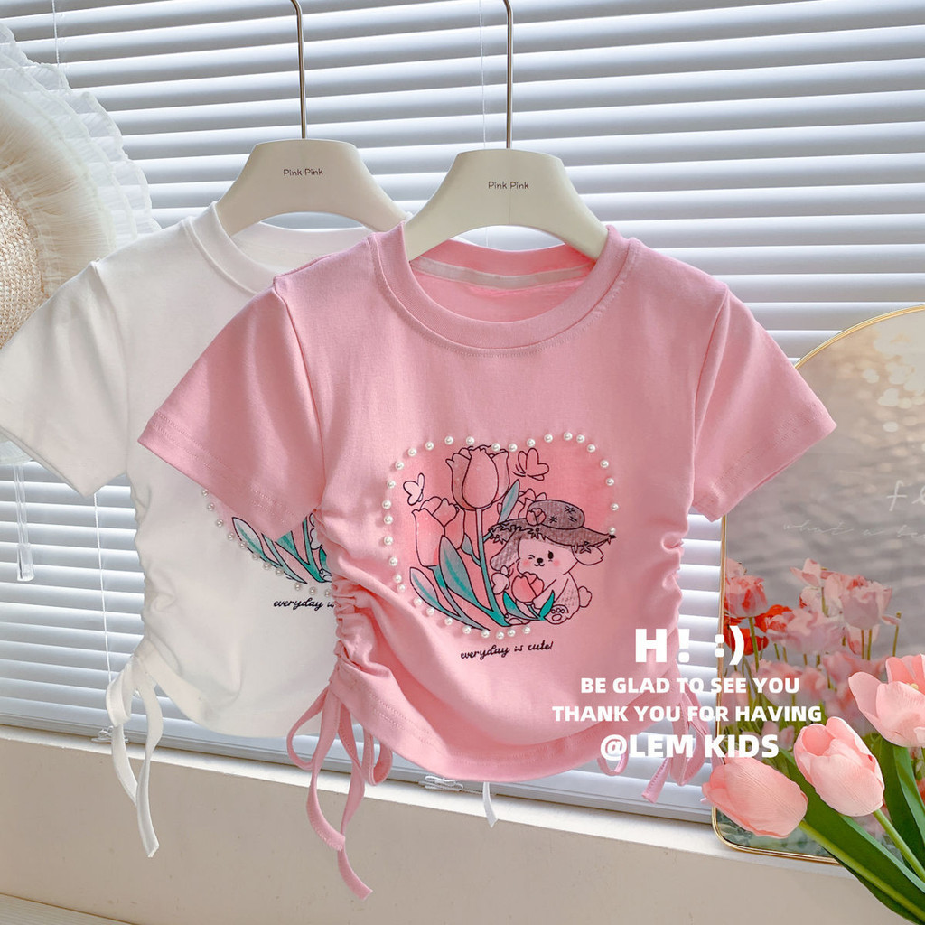 เสื้อยืดแขนสั้นสำหรับเด็ก พิมพ์ลายการ์ตูน มุกหัวใจ