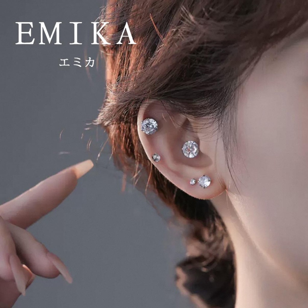 EMIKA ต่างหูแม่เหล็ก ต่างหูแฟชั่น ต่างหูหนีบ ไม่ต้องเจาะหู ต่างหูเพชรกลม ขนาด6mm/7mm/8mm ชายหญิงใส่ไ
