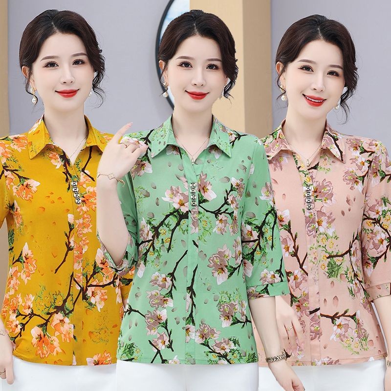 2024 แม่วัยกลางคนสวมเสื้อเชิ้ตแขนสามส่วนแฟชั่นวัยกลางคนผู้สูงอายุของผู้หญิง150710