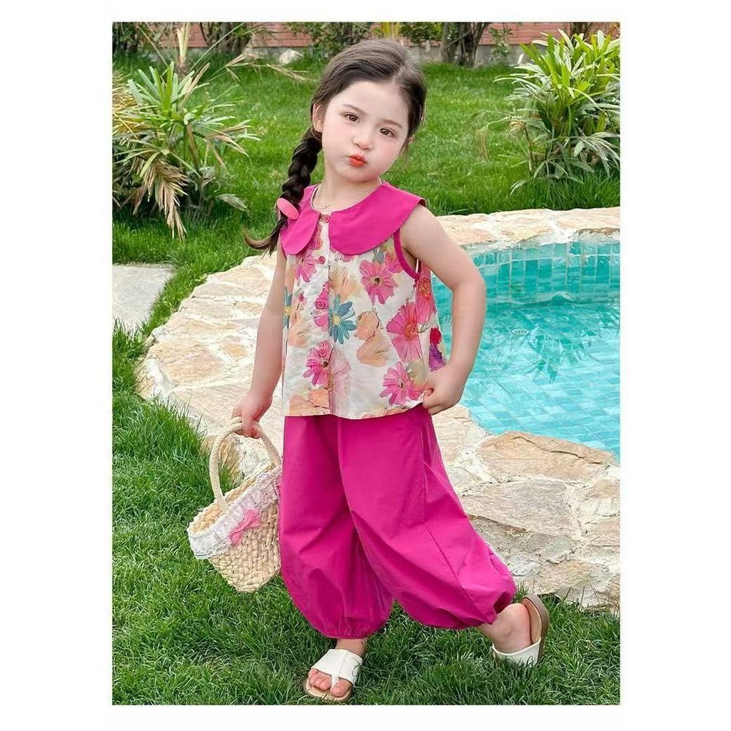 สไตล์ตะวันตก ชุดทูพีชแขนสั้น สำหรับเด็กผู้หญิง เสื้อคอปกตุ๊กตา กางเกงกันยุง เหมาะสำหรับฤดูร้อน ไซส์:80-130cm [DA-Z] - รูปที่ 3