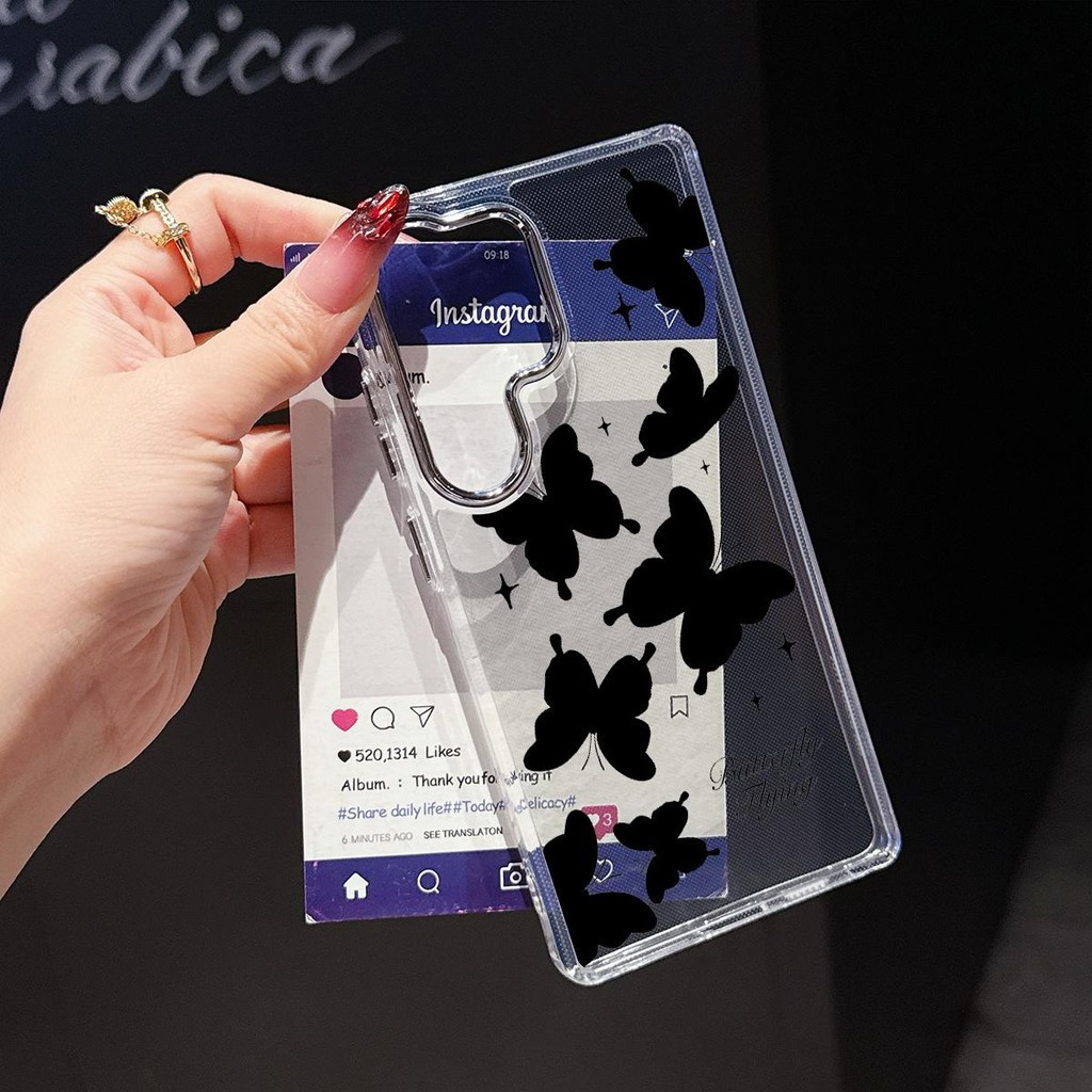 โลหะใสกล้องเคสโทรศัพท์ผีเสื้อสีดํารูปแบบการ์ตูน Full Sky สําหรับ Redmi A3 10C 13C A5 14C 9T 12C 9A 9