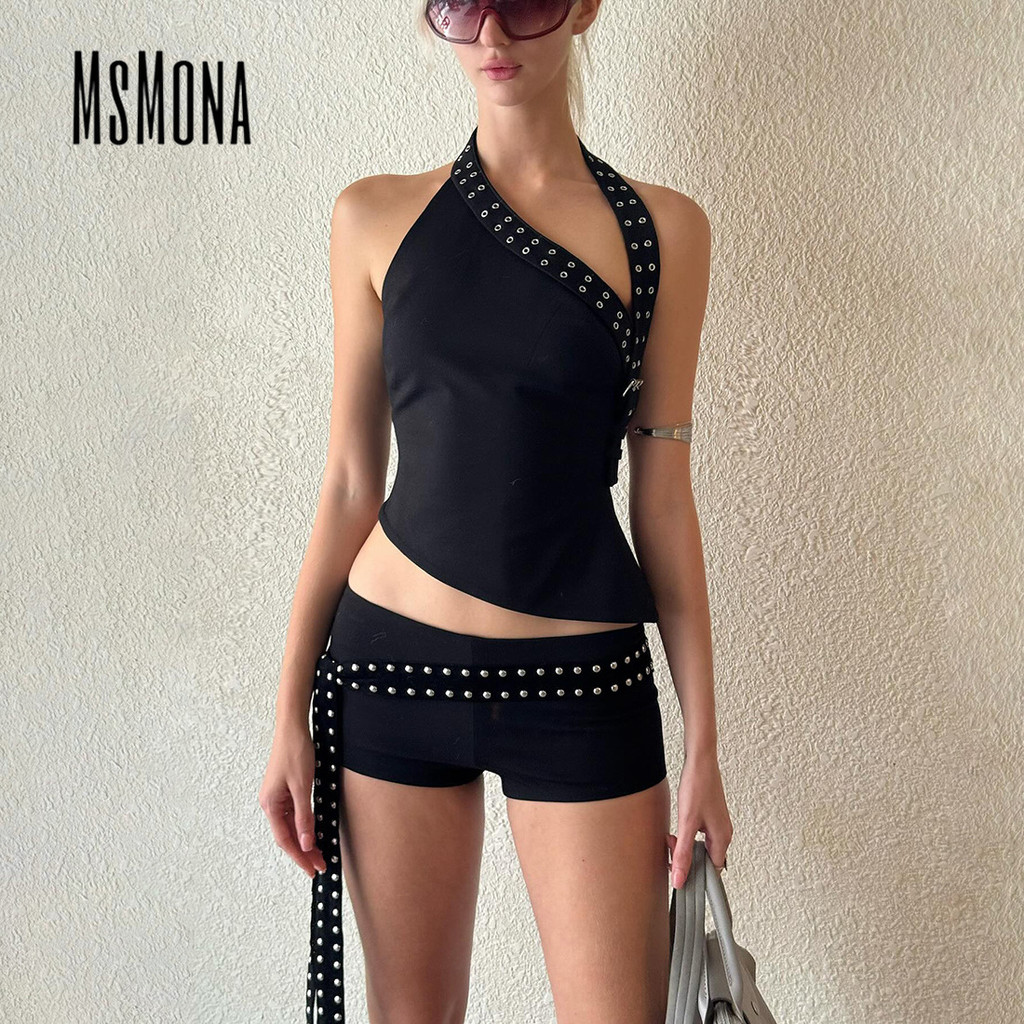 MsMona ผู้หญิงชุด 2025 สีทึบแขนกุด Halter Crop Top Slim Fit แฟชั่นอินเทรนด์