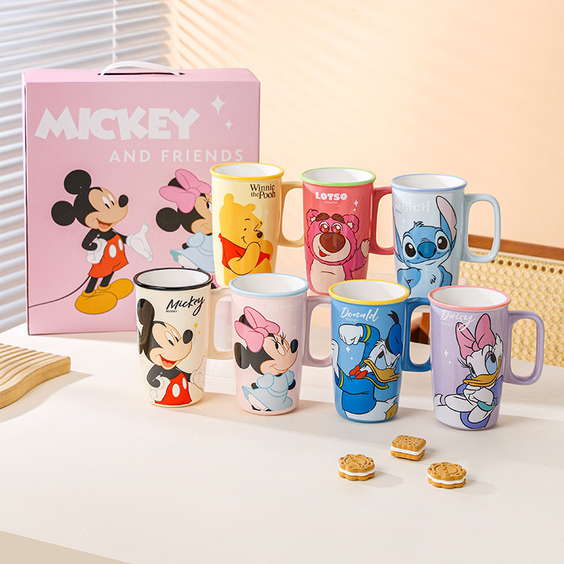 Disney Stitch Mickey Ledi Straight Body Cup การ์ตูนเซรามิคม้าถ้วยขนาดใหญ่ความจุถ้วยนมในครัวเรือน