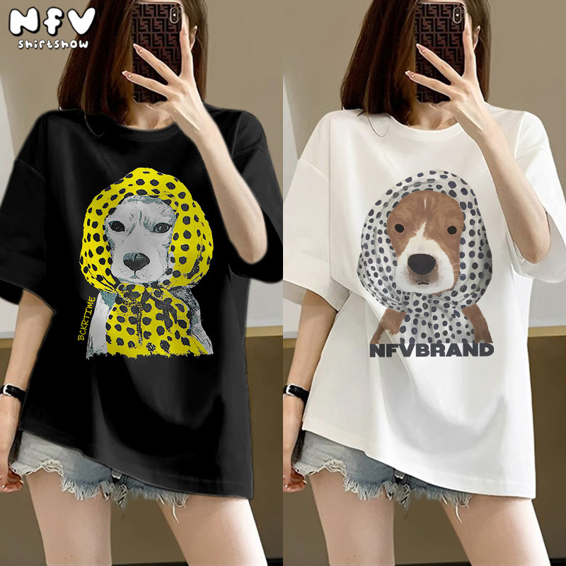 NFV แฟชั่นเกาหลี🌟เสื้อยืด ลายพิมพ์หมาพันผ้าพันคอหัว oversize ใส่สบายไม่รัดตัว ทรงหลวม ผ้าฝ้ายแท้ YG0