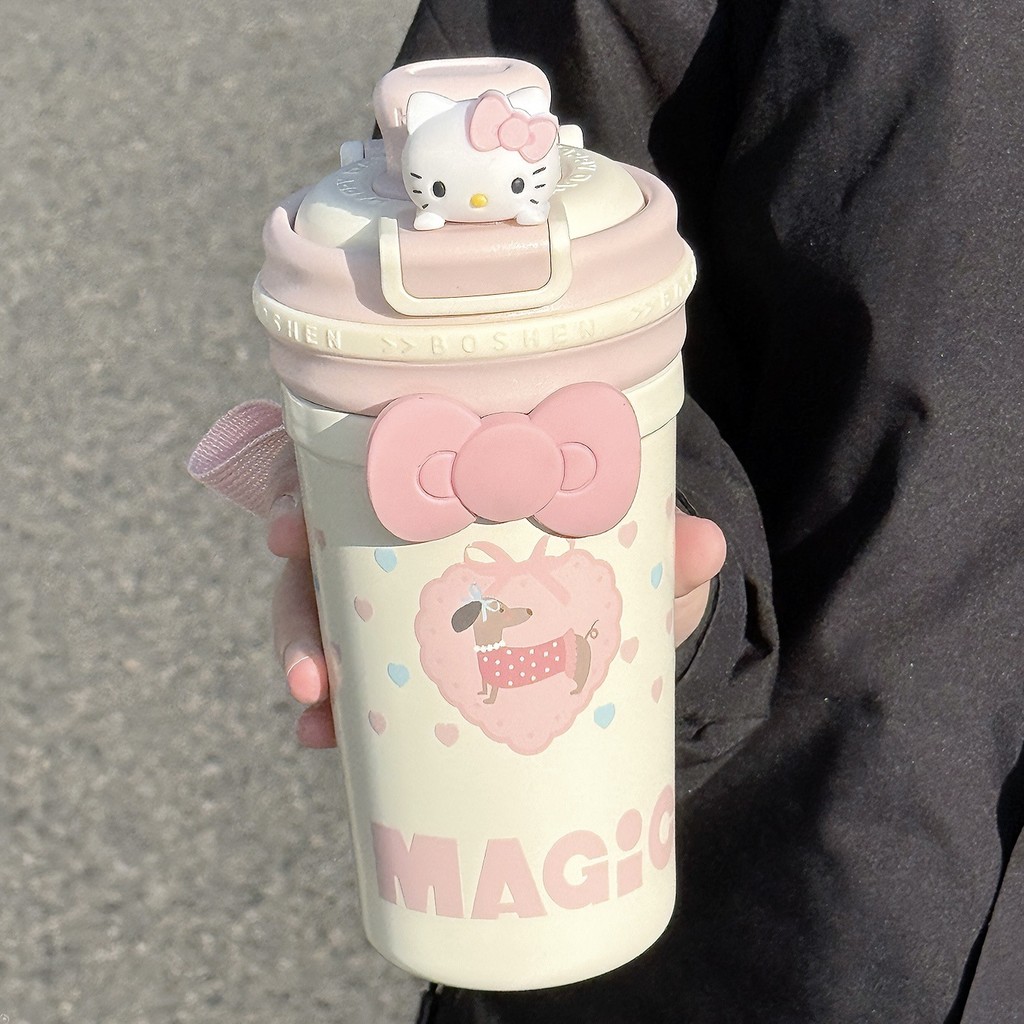 Hello Kitty ตุ๊กตา แก้วน้ำ สเตนเลส 316 สุญญากาศ เก็บอุณหภูมิ เก็บเย็น มีหลอดดูด+ตะแกรงชา ชงกาแฟชาได้