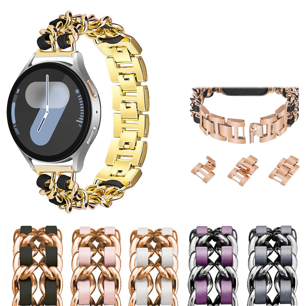 SAMSUNG สแตนเลสโซ่คู่สําหรับ Samsung Galaxy Watch 4 5 6 7 44 มม.40 มม.4 6 Classic 46 มม.42 มม.43 มม.47 มม.Galaxy Watch 5pro 45 มม.Galaxy Watch FE Active 2 หนังห่วงสานวงผู้หญิงผู้ชายแฟชั่นส