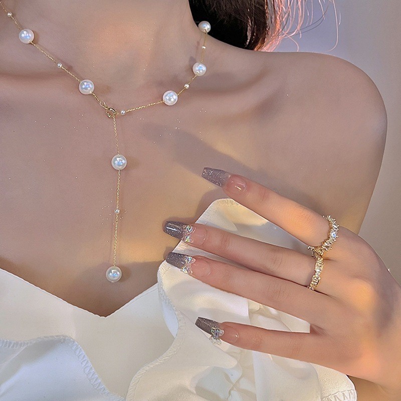 💗ส่งไว 24 ชม✨สร้อยคอมุก necklace ยาว ใส่ไปทะเล OOTD เครื่องประดับผู้หญิง สไตล์เรียบหรู เข้ากับทุกลุค