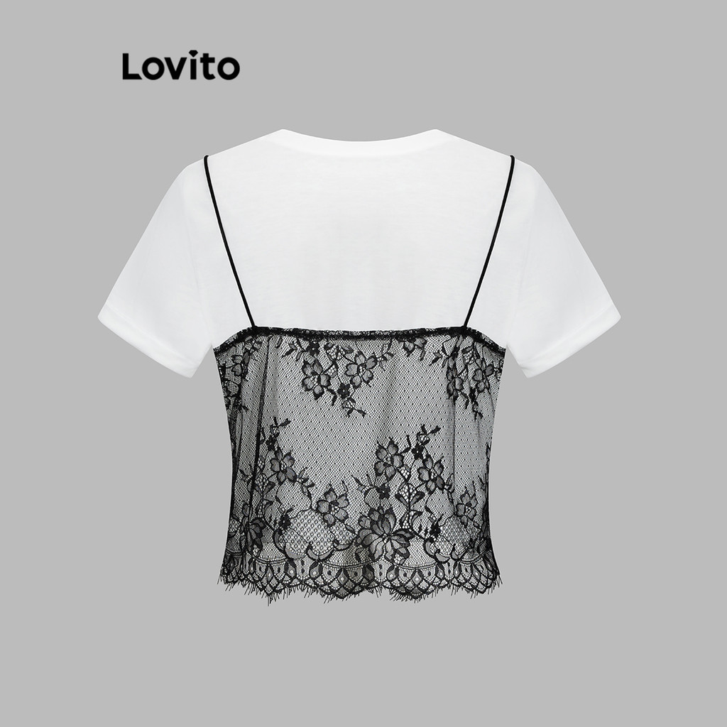 (Trendy) Lovito เสื้อยืดหรูหราเสื้อยืดเย็บผ้าลูกไม้ธรรมดาสําหรับผู้หญิง L106AD114
