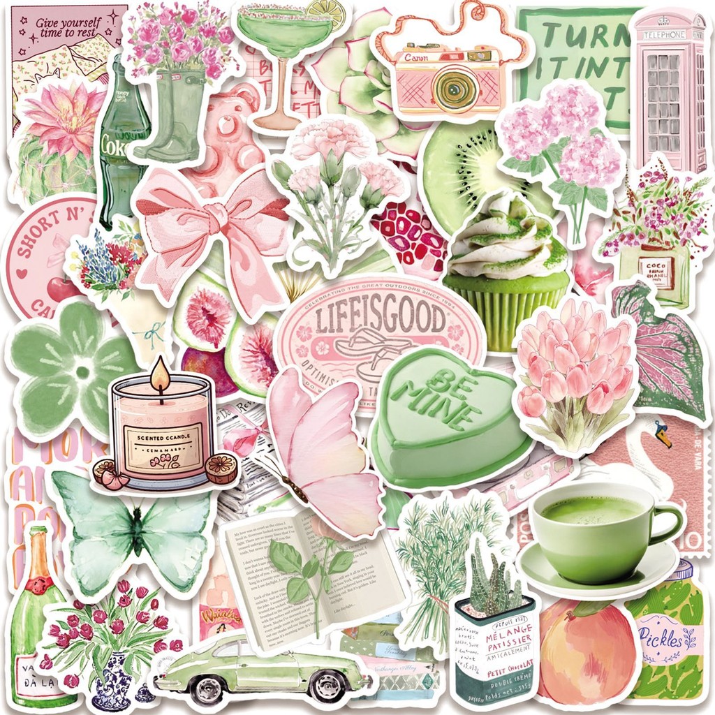 Matcha Series 02 สติ๊กเกอร์สีชมพูเขียว 50 ชิ้น/เซ็ตกันน้ํา DIY Fashion Decals สติ๊กเกอร์ Doodle