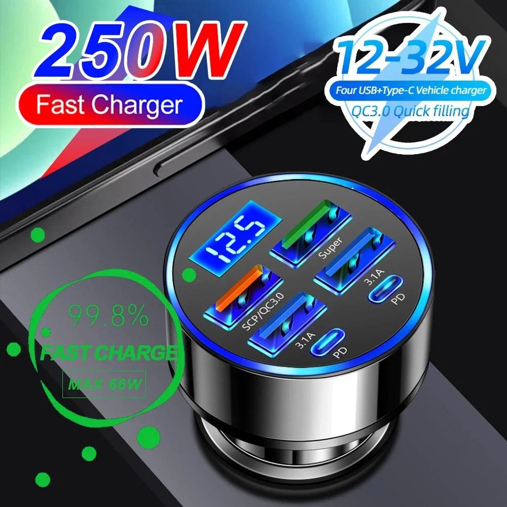 66-250W PD Car Charger QC3.0 ชาร์จเร็ว 1 ถึง 5 ช่องบุหรี่ พร้อมปลั๊กไฟแช็กในรถ ชาร์จแฟลชพร้อมจอแสดงผลดิจิตอล