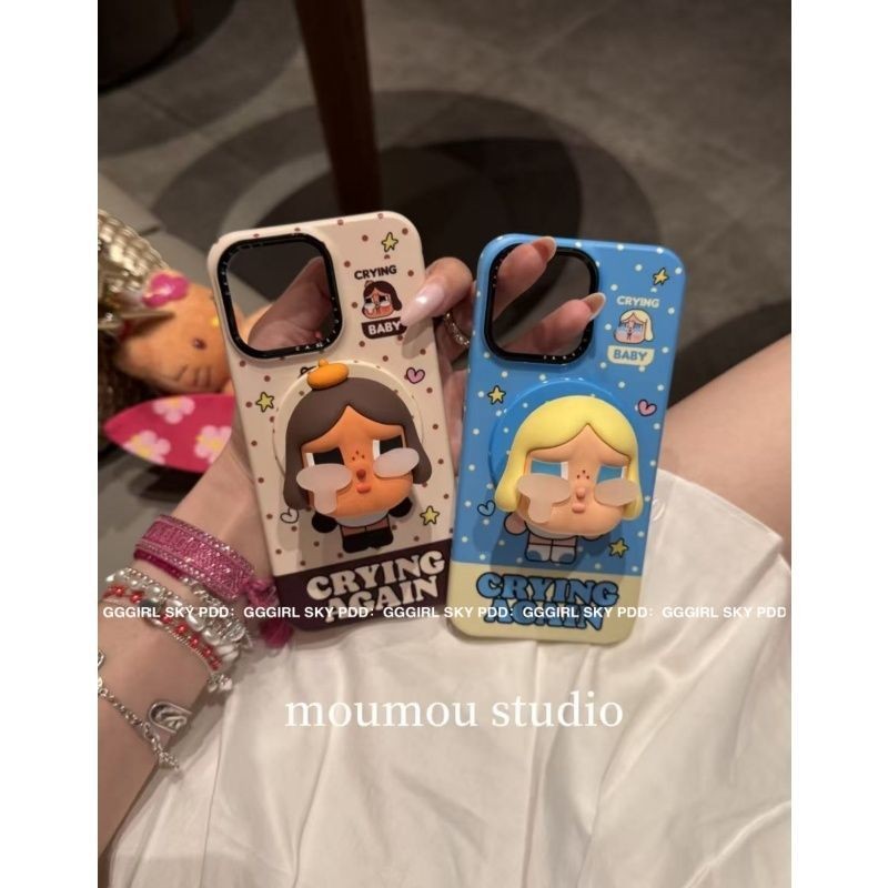 ปิด-สีขาวฐานสีน้ําตาลลายจุดหนังสีดําร้องไห้ทารกเหมาะสําหรับไอโฟน16กรณีแอปเปิ้ล15 มือโปร สูงสุด ใหม่14 มือโปร ผู้หญิง13ฝาครอบป้องกันเปลือก17 17มือโปรmax