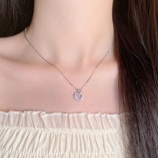 สร้อยคอ ลายหัวใจ จี้สีชมพู ประดับเพชร หรูหราหวาน แฟชั่นเกาหลี เครื่องประดับสำหรับผู้หญิง