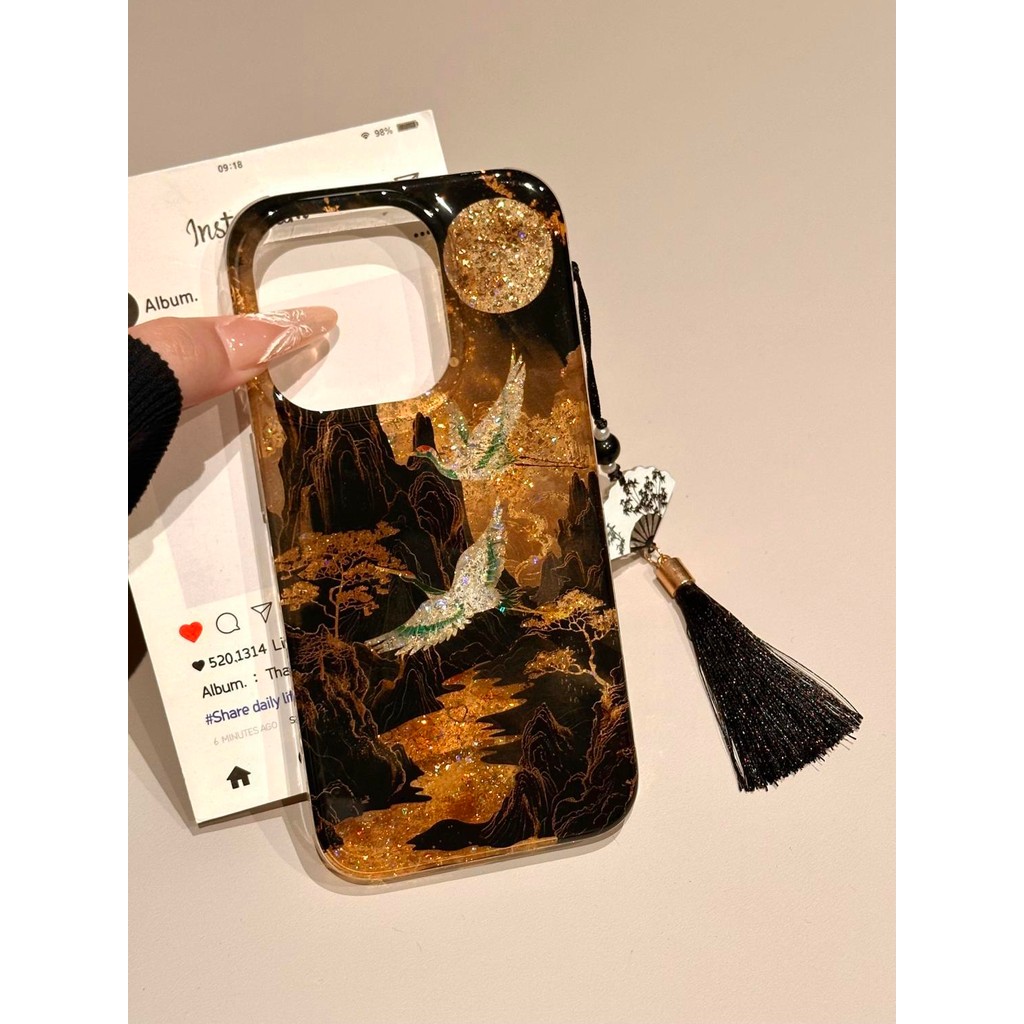 เครนกลิตเตอร์สีทองสไตล์จีนใหม่เหมาะสําหรับ iPhone14 Apple 15promax เคสโทรศัพท์ 16 สไตล์ใหม่ 13 รวมทุ