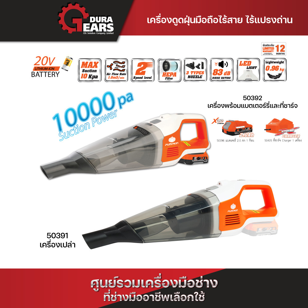PUMPKIN เครื่องดูดฝุ่นไร้สาย INF 20V แบบมือถือ รุ่นเป่าแห้ง🔥พร้อมหัวดูด 3 ชนิด🔥 น้ำหนักเบา ดูดแรง ทรงพลัง/50391-50392