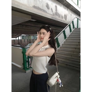 GAKKI เสื้อครอปคอโปโลแขนกุดผู้หญิง เสื้อกล้ามไหมพรมผู้หญิง เสื้อถักบางสไตล์ลำลอง ฟรีไซส์ รุ่น 3269#
