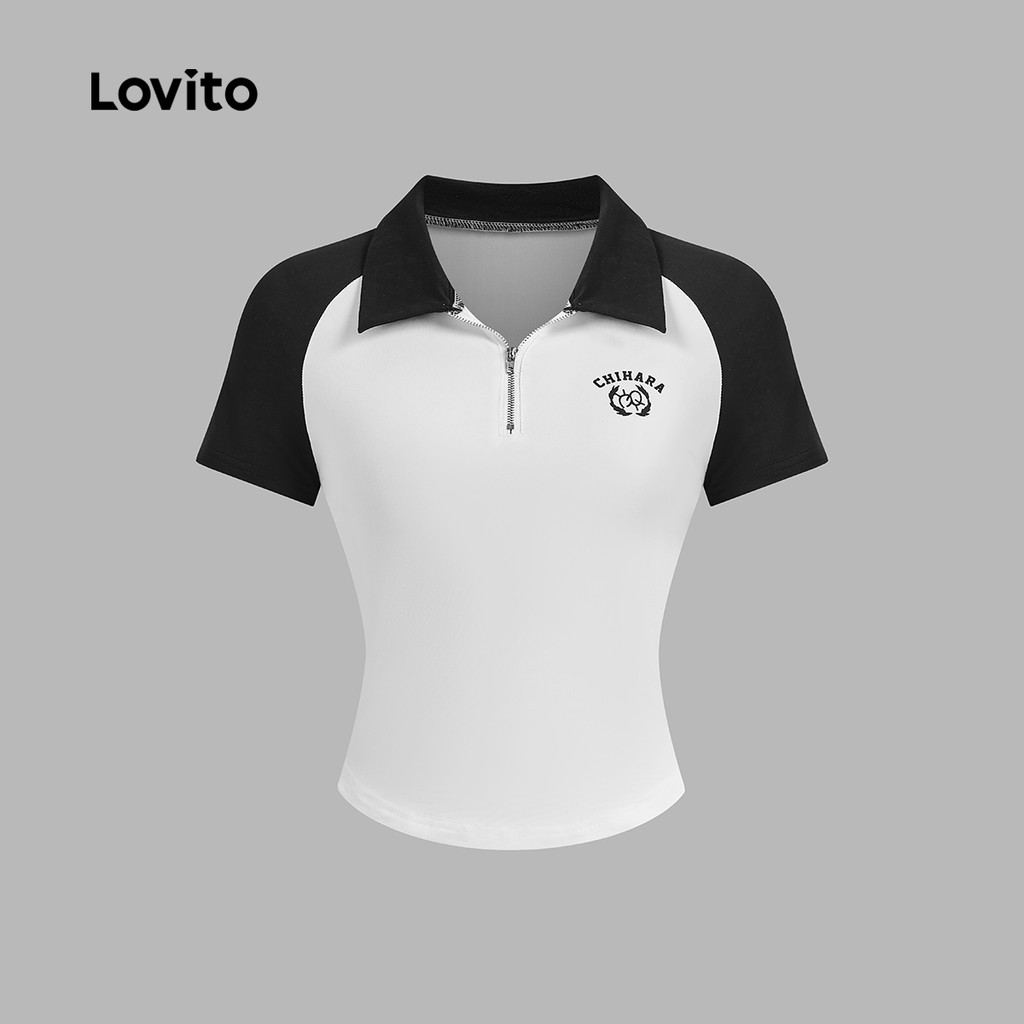 Lovito เสื้อยืดลําลองสีตัดกันซิปฤดูใบไม้ผลิ/ฤดูร้อนเสื้อยืดสีดําและสีขาวสําหรับผู้หญิง L134ED828 - รูปที่ 3