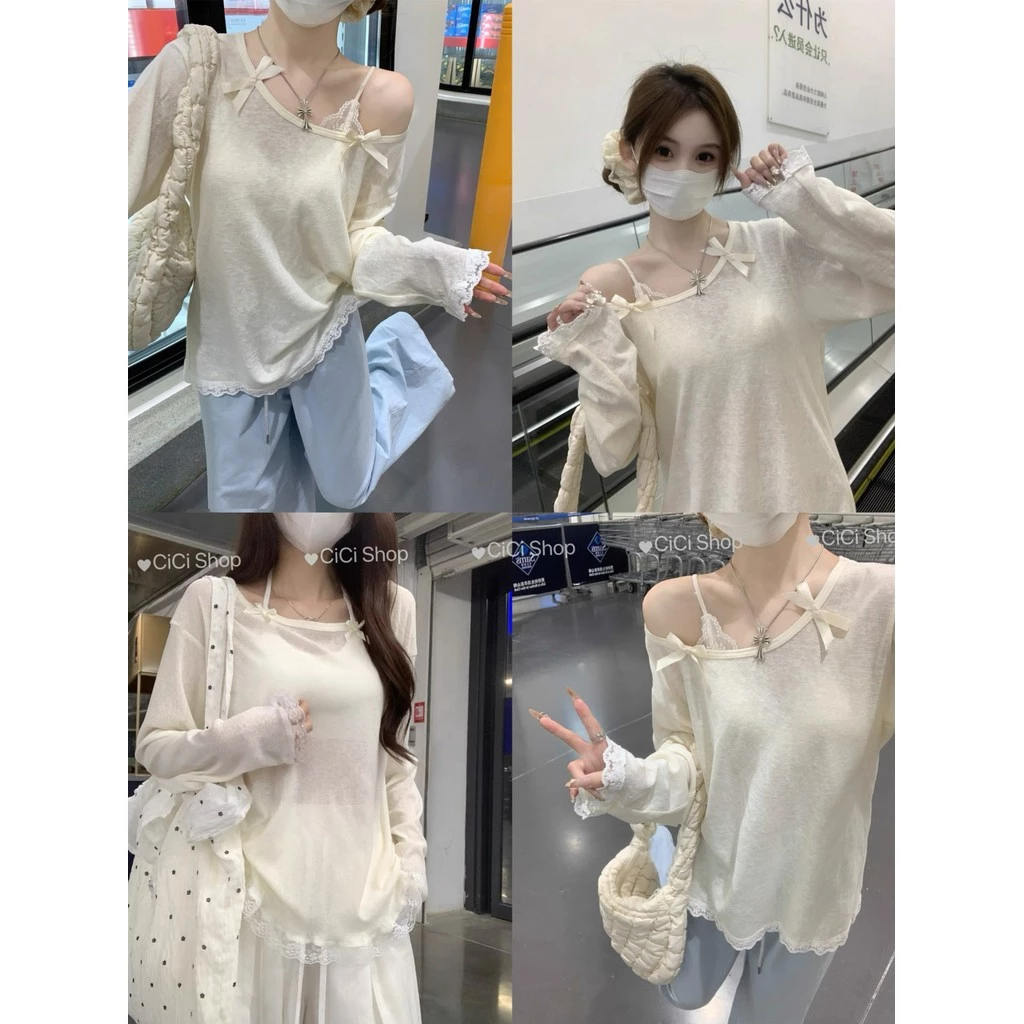 Cicishop(CM2086) เสื้อคอกลมทรงหลวมใส่สบายบางเบา ดีเทลแต่งโบว์และลูกไม้น่ารักคาวาอี้