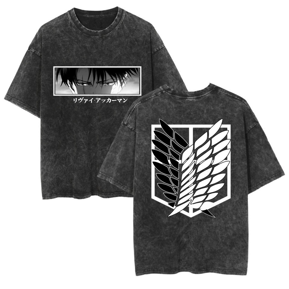 เสื้อยืดสีดำ Attack on Titan ลาย Levi แขนสั้น พร้อมลого Wings of Freedom ในสไตล์ Washed Top