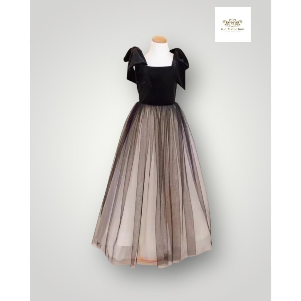 Cute Big Bow Black Dress Girls เดรส ชุดแสดงเปียโน เดรสสีดำ ประดับโบว์ที่ไหล่ ชุดออกงาน แสดงไวโอลิน ชุดกระโปรงยาว แถมท...