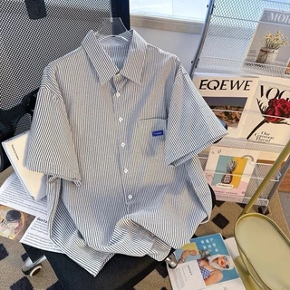 💥BecoolMan💥เสื้อเชิ้ตลายทางสำหรับผู้ชาย สีต่อ เรียบง่าย มีสไตล์ แบบหลวม ใส่ได้ทั้งชายและหญิง