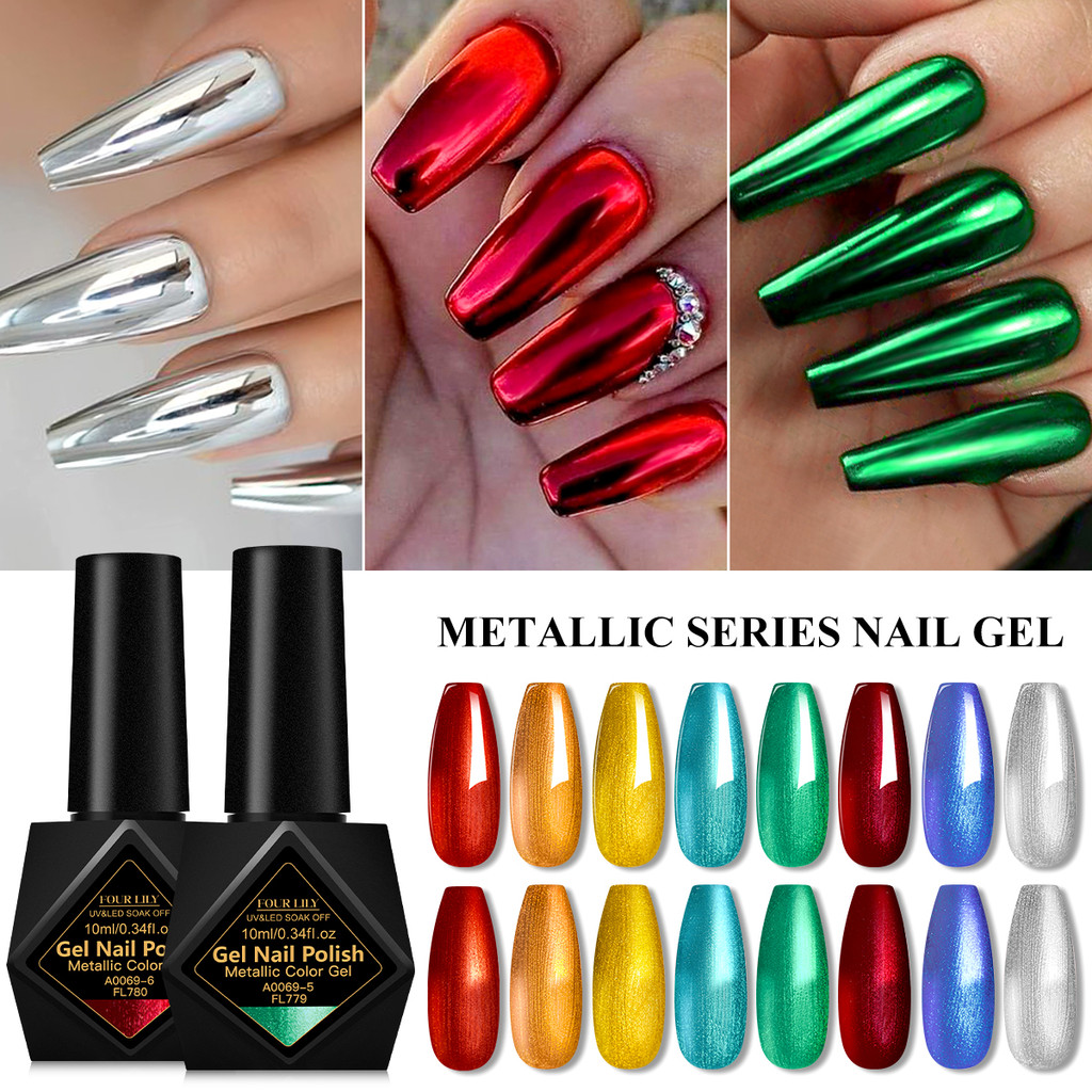 FOUR LILY 10ml สีเมทัลลิคเล็บเจลกึ่งถาวรหลายสี DIY ยาทาเล็บภาพวาดเล็บเจล Soak Off UV LED เจล