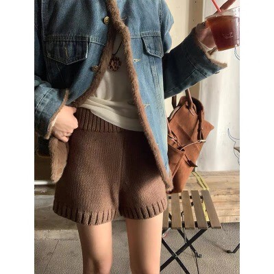 เกาหลีกางเกงขาสั้น สำหรับฤดูใบไม้ร่วงและฤดูหนาว สไตล์เรียบง่ายและกระชับ เอวสูง ยืดหยุ่น มีสีทึบ - รูปที่ 7