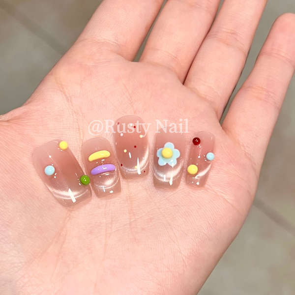 เล็บปลอมสำเร็จรูปยาว เล็บเจลแท้ เล็บปลอม [Cloud Pinch] Dopamine Sweet Spice y2k Polka Dot Cats Eye H