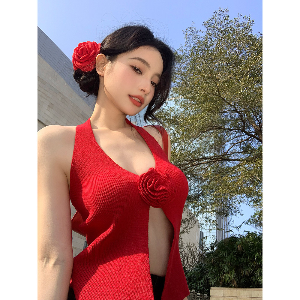 สามมิติดอกไม้ถักHalterneck Camisoleผู้หญิงฤดูร้อนVคอหวานสาวร้อนเซ็กซี่สีแดงสวยกลับเสื้อด้านนอกI Matc