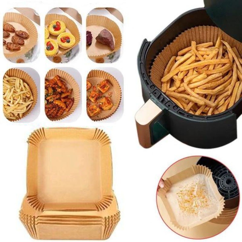50/100 ชิ้น Air Fryer กระดาษทิ้ง Liner Air Fryer กระดาษรองอบธรรมชาติ Non-Stick Air Fryer Liners ทําอ