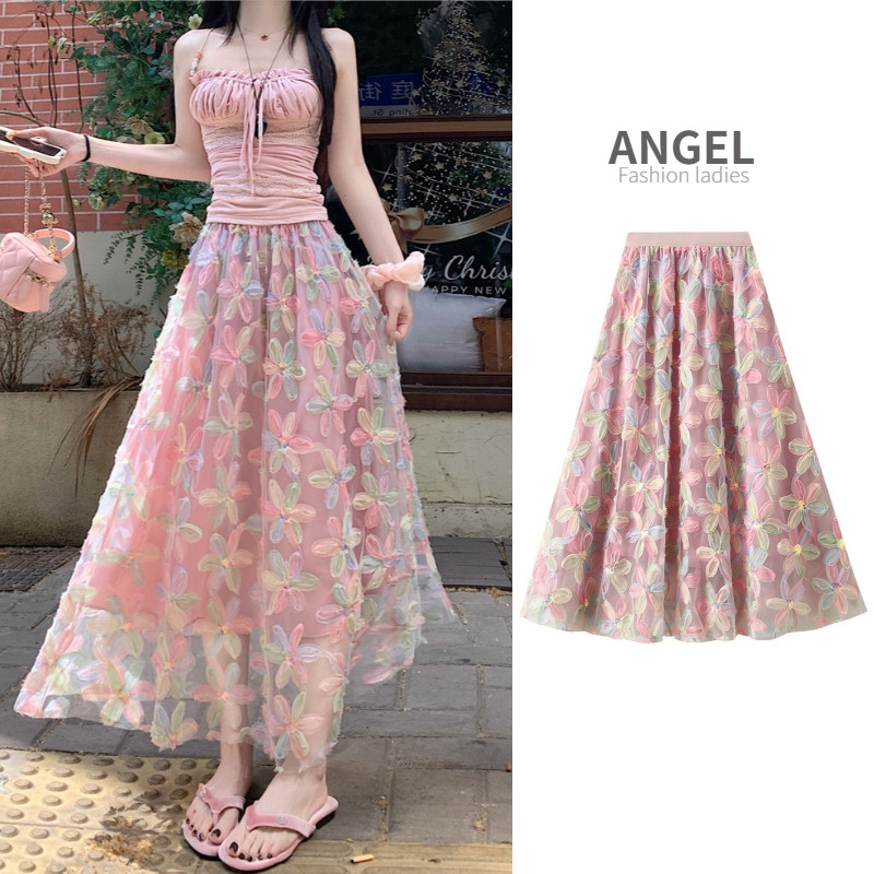 กระโปรง midi Angel สำหรับผู้หญิง สไตล์ A-line อ่อนโยน กะทัดรัดด้วยเอวสูงและเนื้อผ้ายืดหยุ่น