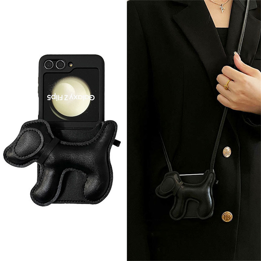 SAMSUNG สร้อยคอCrossbodyสีดํากระเป๋าสุนัขแบนหนังสําหรับSamsung Galaxy Z Flip7 FE Z Flip6 Z Flip5 Z F