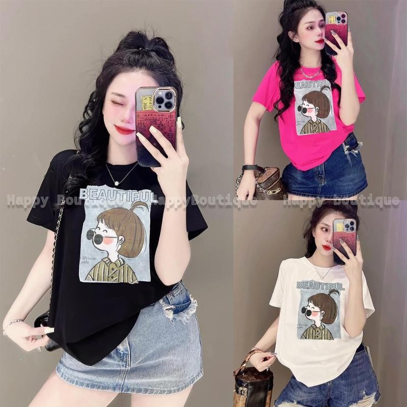 เสื้อยืดแขนสั้นสำหรับผู้หญิงพิมพ์ลายย้อนยุคสไตล์ฮาราจูกุ ลำลองดีไซน์ไม่ซ้ำใครร้อนสำหรับฤดูร้อนท็อปส์ซู