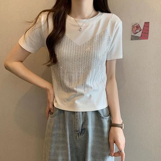 เสื้อยืดเพชร แขนสั้น สำหรับผู้หญิง ทรงสลิมฟิต แฟชั่นฤดูร้อน เสื้อแจ็กเกต