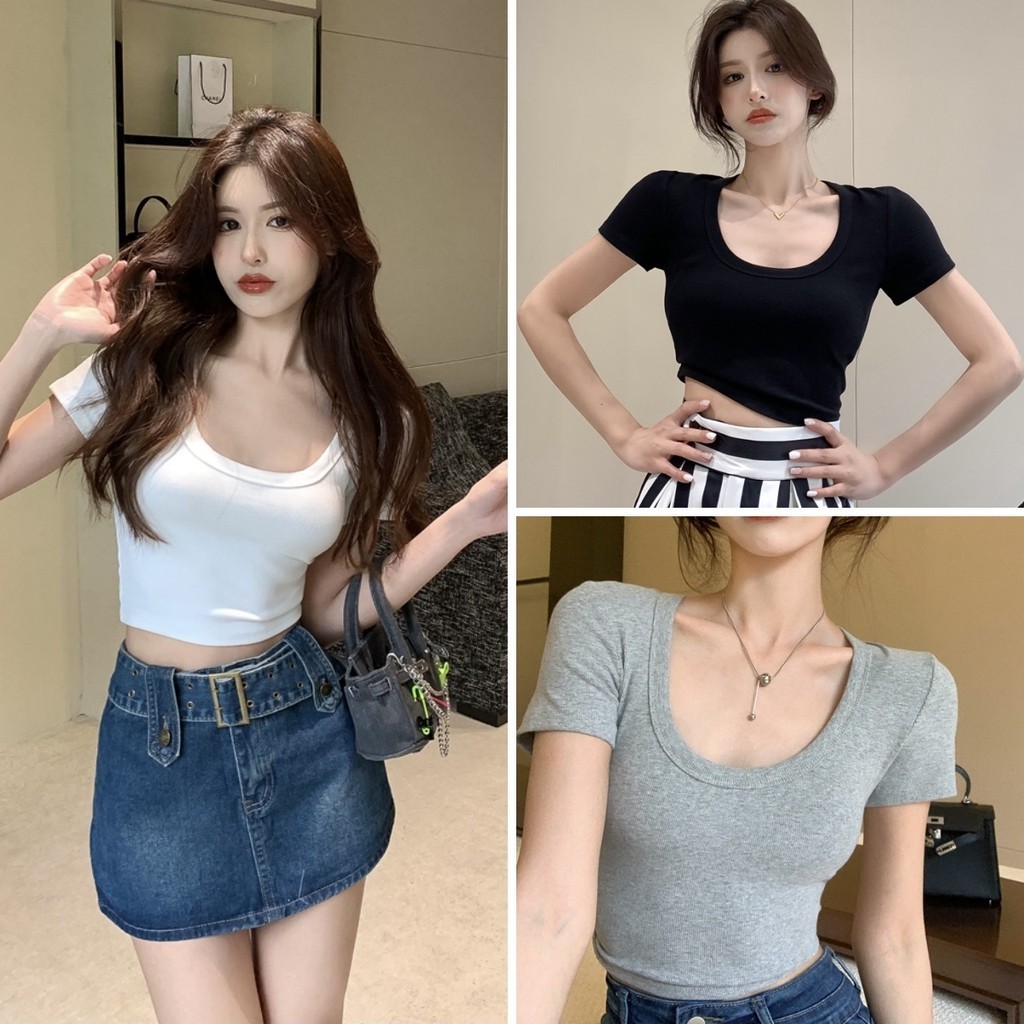 Betty house พร้อมส่ง เสื้อครอป เสื้อยืดผู้หญิง ครอปน่ารัก ผ้ายืดเข้ารูป เซ็กซี่ แขนสั้นแฟชั่นคอยู สไตล์เกาหลี ลำลองและใช้งานได้หลากหลาย