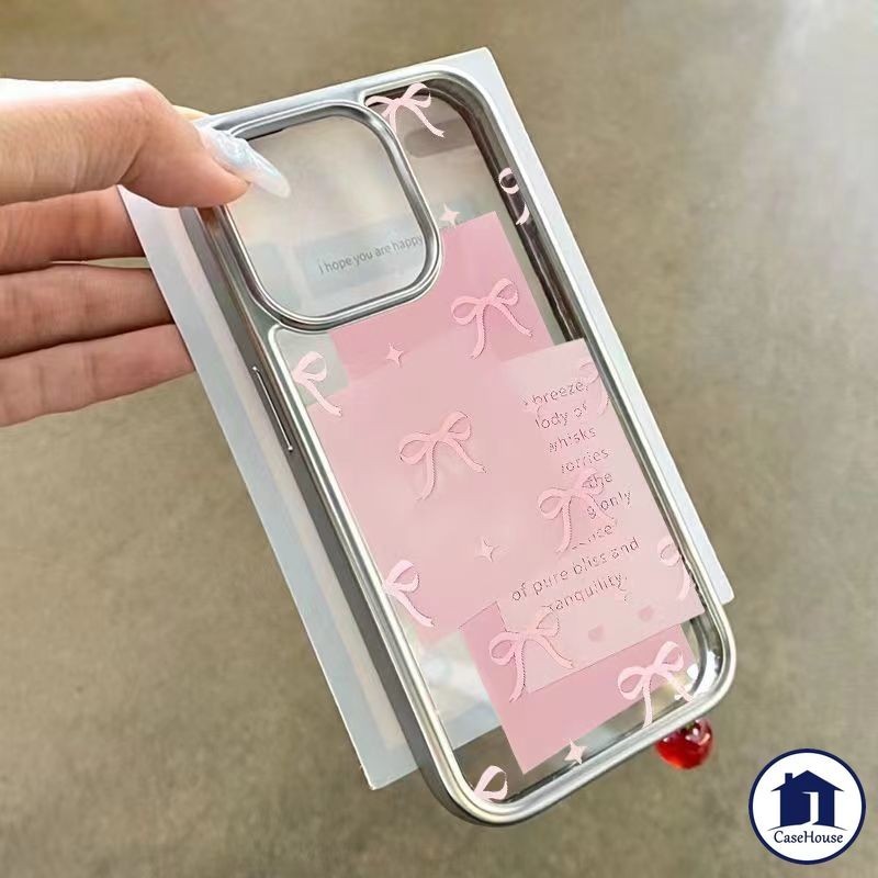 การชุบที่หรูหรา โปร่งใส Art Label เคสโบว์โบว์สีชมพู เข้ากันได้สำหรับ IPhone 15 11 13 12 14 Pro Max 7 8 Plus XR X XS MAX