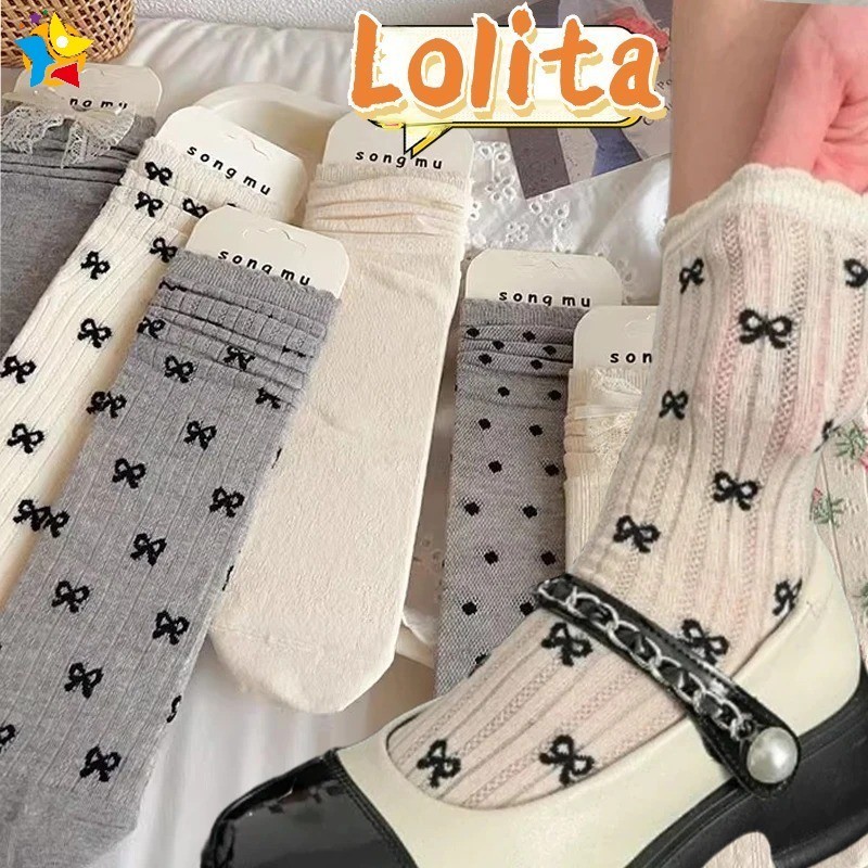 สไตล์บัลเล่ต์ลายจุดหวานโบว์นัวเนียผ้าฝ้ายถุงเท้าหลอดกลางjk Lolitaฤดูร้อนHollow Out Breathable Bowknotกองถุงเท้า