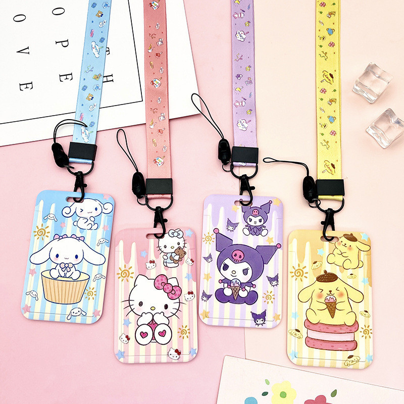 Hello Kitty Kuromi Melody การ์ตูน PVC ผู้ถือบัตร Sanrio อะนิเมะเชือกเส้นเล็ก ID เคสป้องกันแขวนคอ Anti-lost ฝาครอบ
