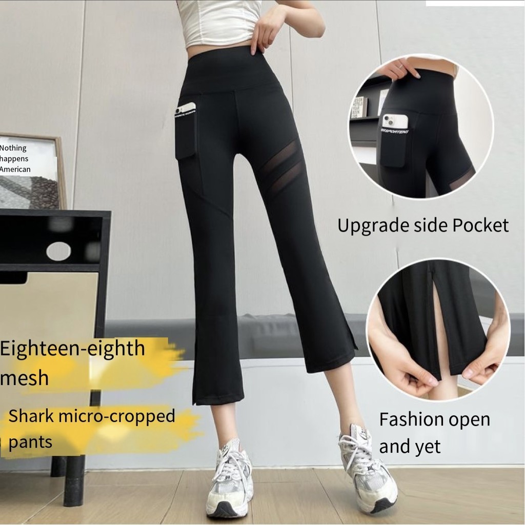 แปดจุดตาข่ายแยก Slit Micro-ความยาวกางเกงผู้หญิงฤดูร้อนสวมใส่ด้านนอกเอวสูง Belly-Narrow