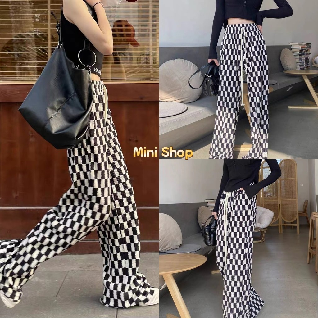 Mini shop พร้อมส่ง (KU-Scotch)​กางเกงขายาว ผ้าพลีส ลายตารางสก๊อตสุดเท่ 2สี