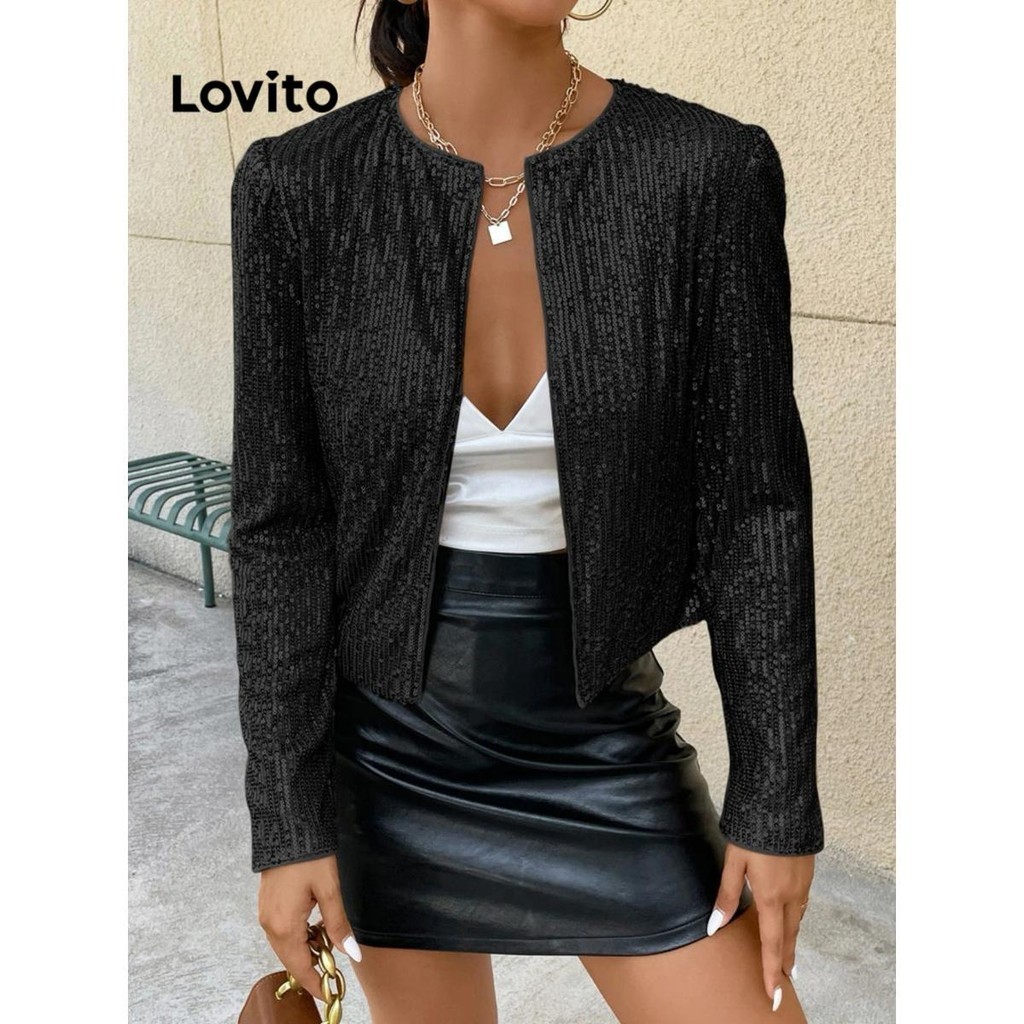 Lovito เบลเซอร์ผู้หญิง แต่งเลื่อม สีพื้น สไตล์คลาสซี่ LNL59054