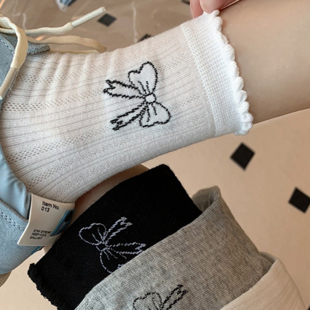 Miu สไตล์ Bowknot Pile ถุงเท้าผู้หญิงฤดูร้อนสีเทาถุงเท้ากลางหลอดตาข่าย Ultra-Thin Hot Stamping Glitter ins ถุงเท้าผู้หญิง