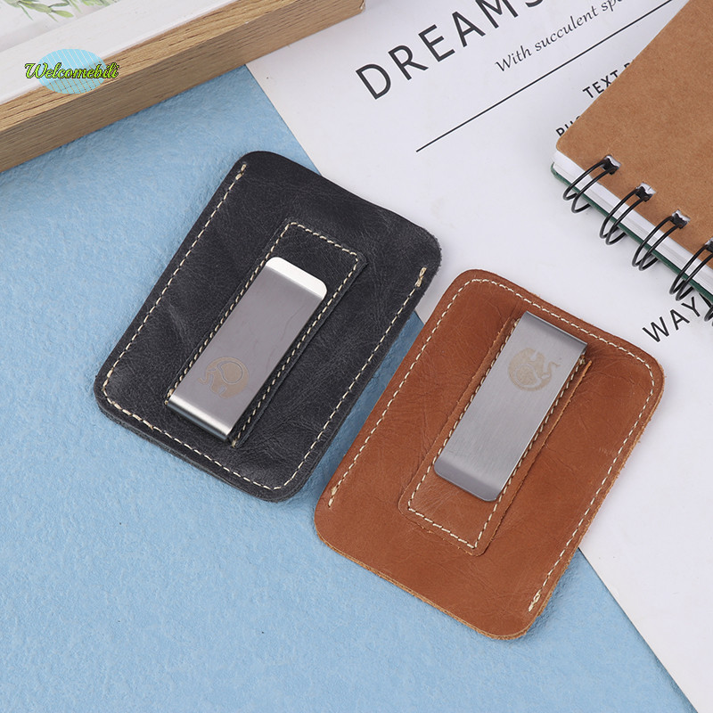 [Welcomebili] Thin Leather Money Clip Mini Wallet Men Credit Card Slot Slim Bills Metal Cash Clamp For Man Small Billfold Holder NEW