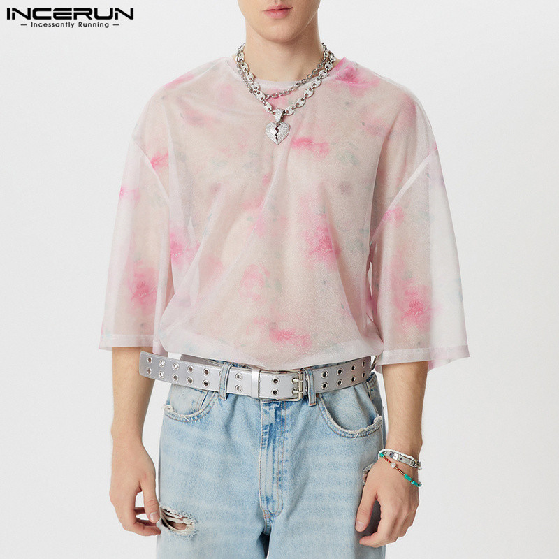 ไม่แน่นอน ผู้ชายเกาหลีลําลองพิมพ์ลายดอกไม้เสื้อยืดคล้องคอซีทรู