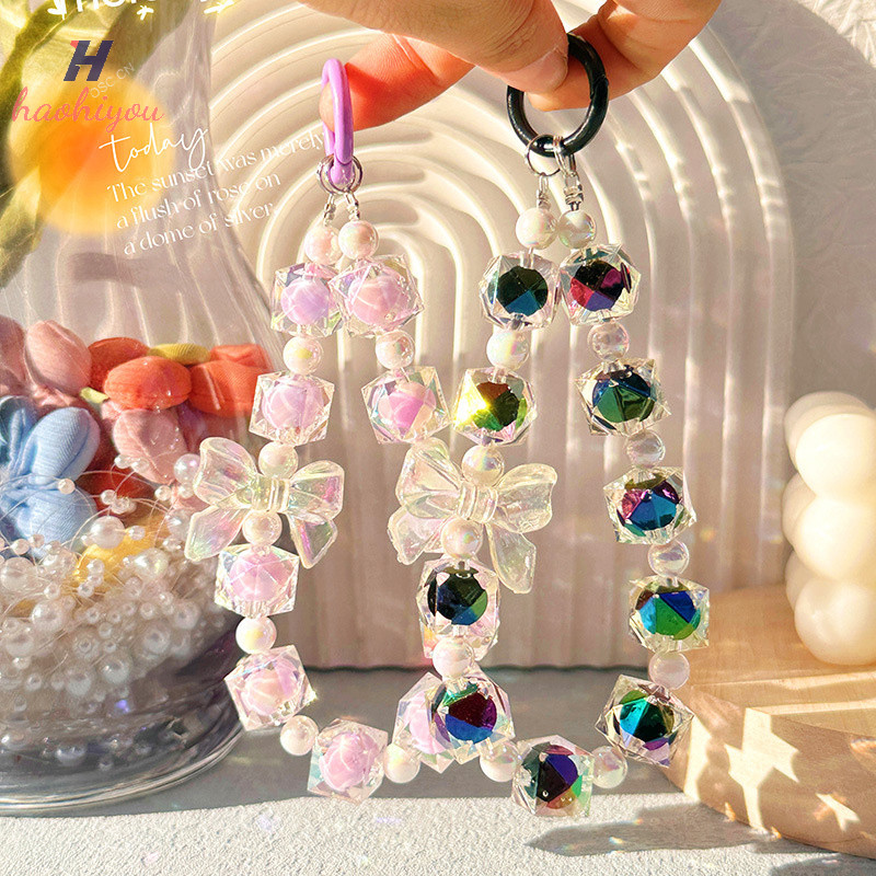 <haohiyou> บล็อกสั้น Rhombus สายลูกปัดโทรศัพท์มือถือเชือกเส้นเล็ก Handmade ลูกปัดโซ่สายรัดข้อมือคลิปโทรศัพท์ Universal Lanyard สําหรับคีย์ Nice