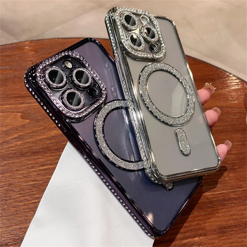 เคสโทรศัพท์มือถือแบบแม่เหล็ก ใส กันกระแทก ประดับเพชร กลิตเตอร์ แฟชั่น สําหรับ iPhone 15 14 13 12 11 Pro max Plus 062