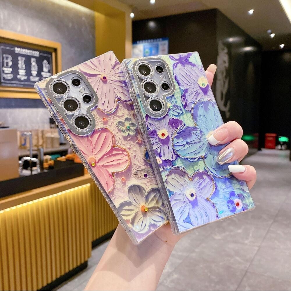 สาวจิตรกรรมดอกไม้ Bling เพชรเลนส์กล้อง Glitter Protector ออกแบบนุ่มสําหรับ Samsung Galaxy S24 S22 Ultra S23 Plus