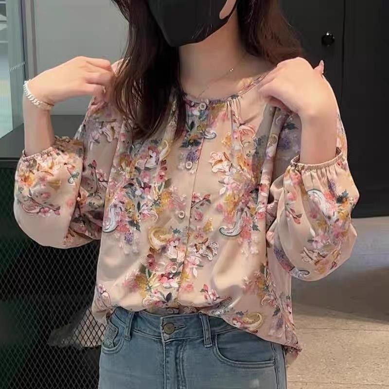 MIMI&DIDI#เสื้อแขนยาวแฟชั่น เสื้อเชิ้ตสตรีแขนพัฟพิมพ์ลายผู้หญิง คอกลม หลวม ฮาวาย#W343