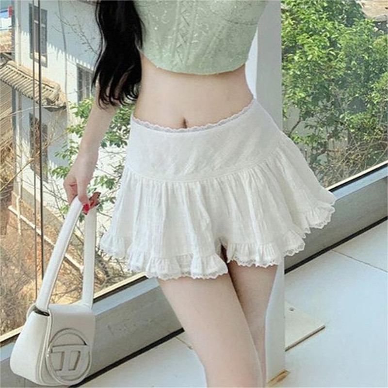 Siner-กระโปรงผู้หญิงฤดูร้อนมินิa-lineกระโปรงลูกไม้สีขาวtrim Low Rise Flowyกระโปรงสั้นStreetwear