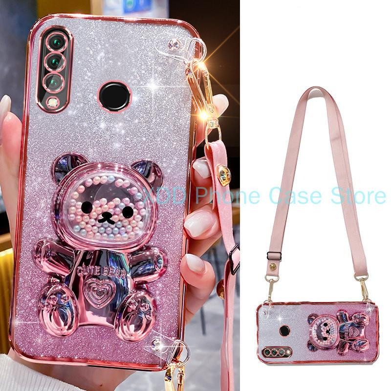 เคส vivo Y17 Y11 2019 Y12 Y15 Y12i Y19 U3 U10 กรณีชุบโปร่งใสGlitter 3D Quicksandหมีวงเล็บเคสโทรศัพท์พร้อมCrossbody Lanyard